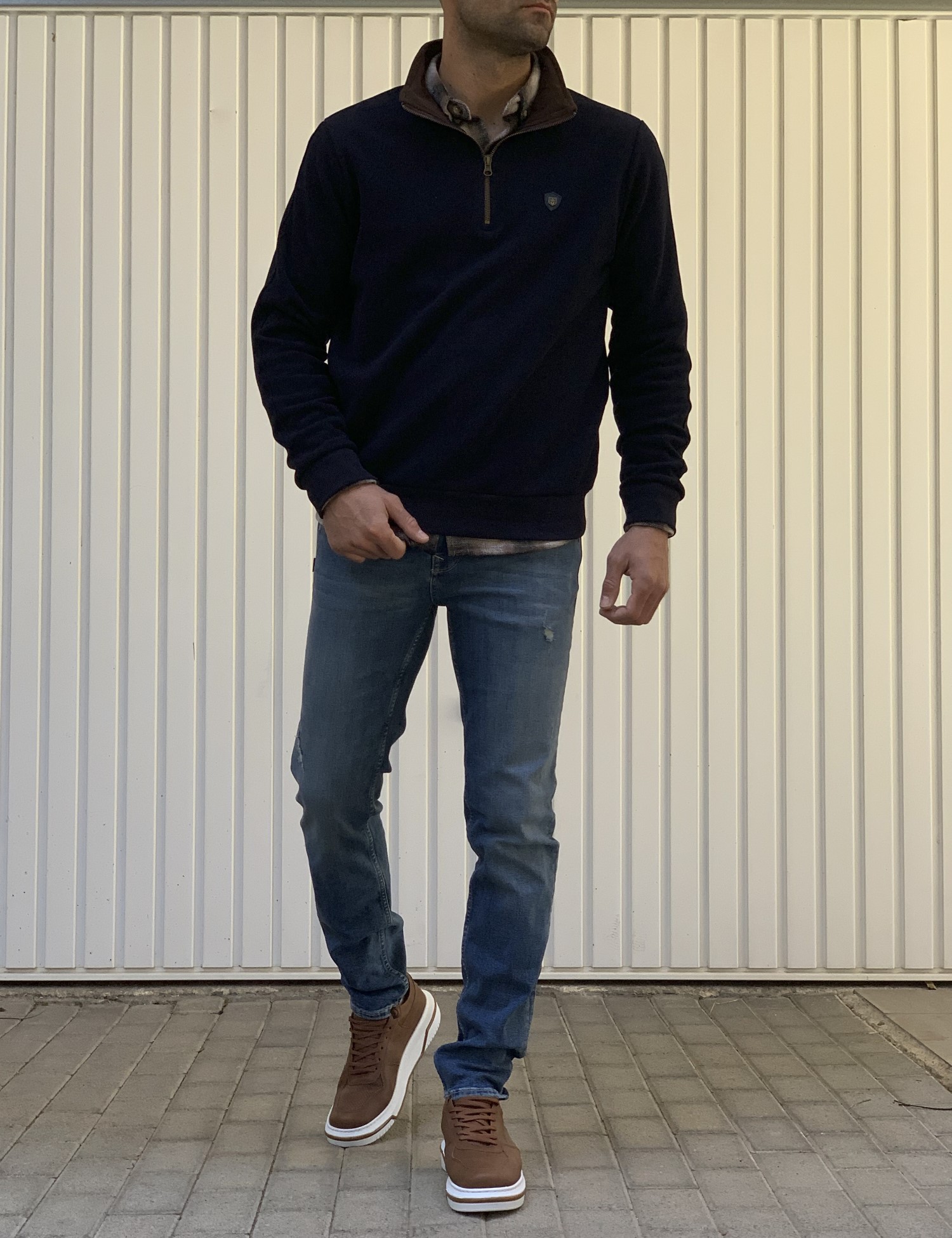 Everbest Ανδρική μπλε navy ριπ με βελούδινη υφή μπλούζα με γιακά και φερμουάρ 251040B φωτογραφία